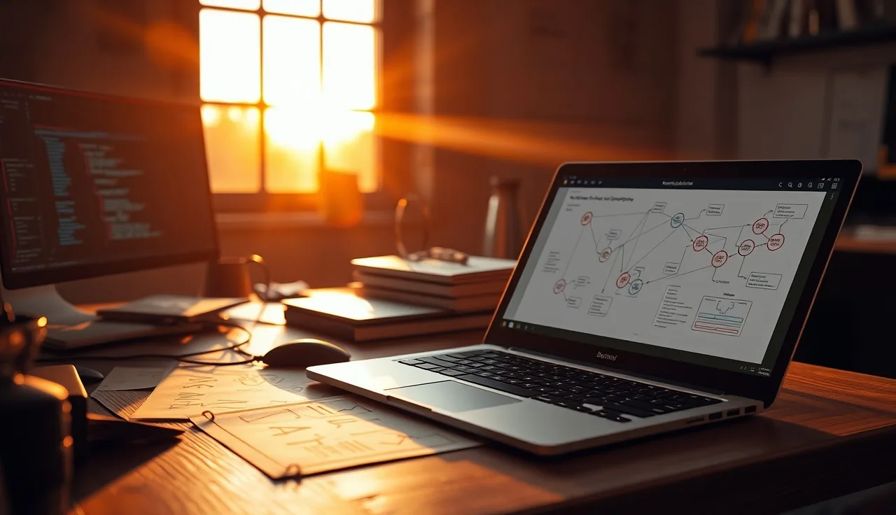 Developer desk with knowledge graph diagrams and laptop showing schema markup code