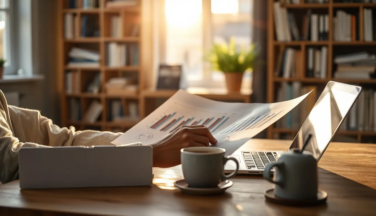 Person reviewing AI search visibility data charts at a desk in morning light