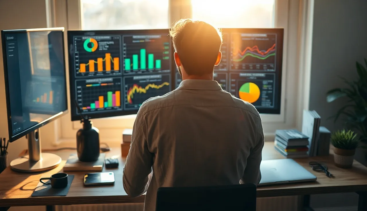 Person reviewing AI search visibility data on a desktop monitor in a home office