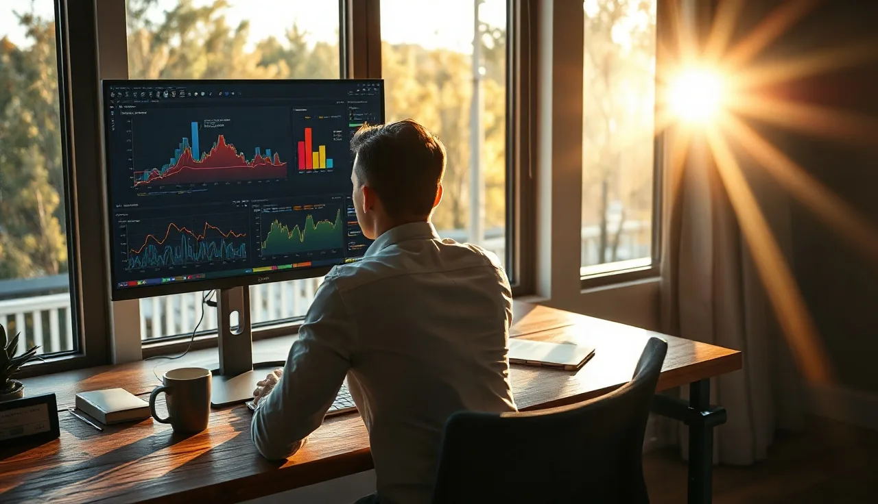 Marketing professional reviewing AI search visibility data on a monitor at their desk