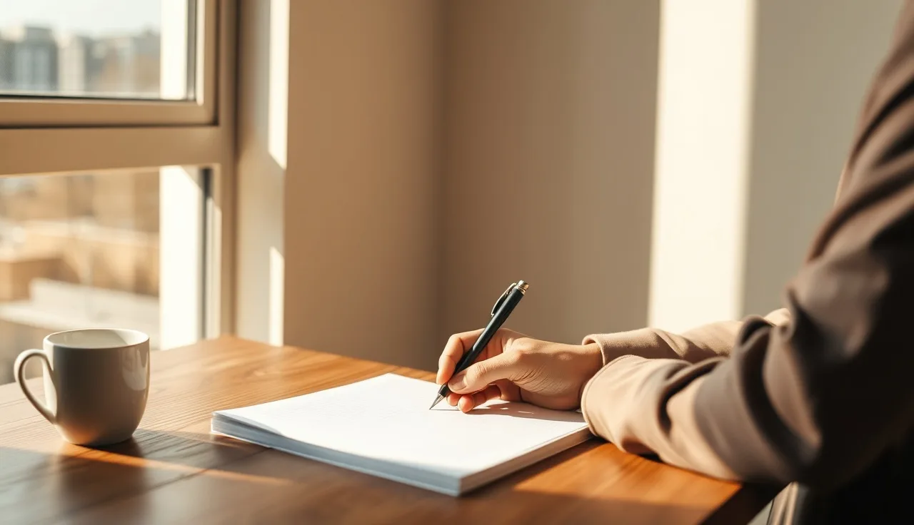 Person writing brand positioning notes at a sunlit desk