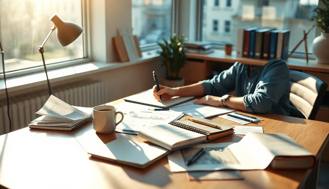 Marketing analyst reviewing AI search citation reports at a sunlit office desk