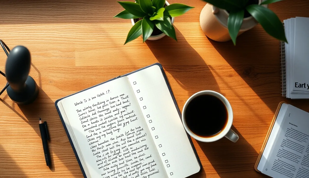 Open notebook with prose and checklist pages beside a coffee mug on a wooden desk