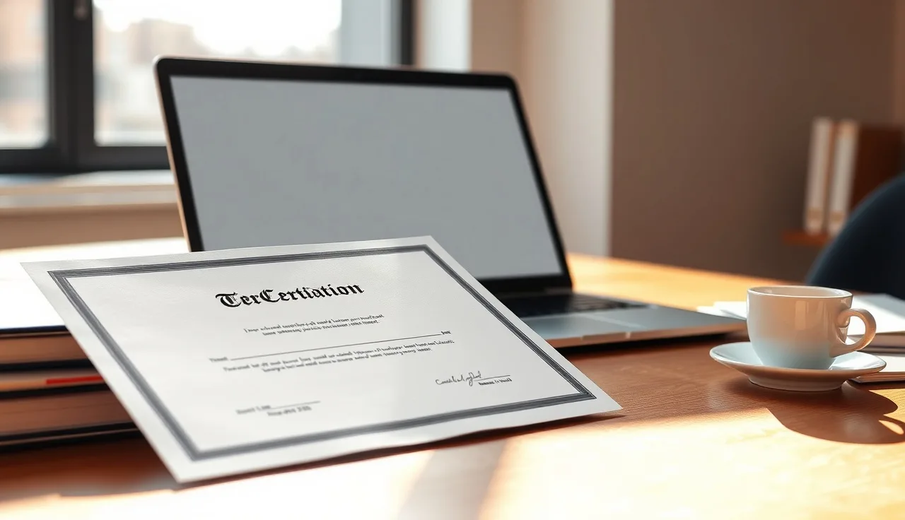 Printed certificate and laptop on a desk representing certification page optimization