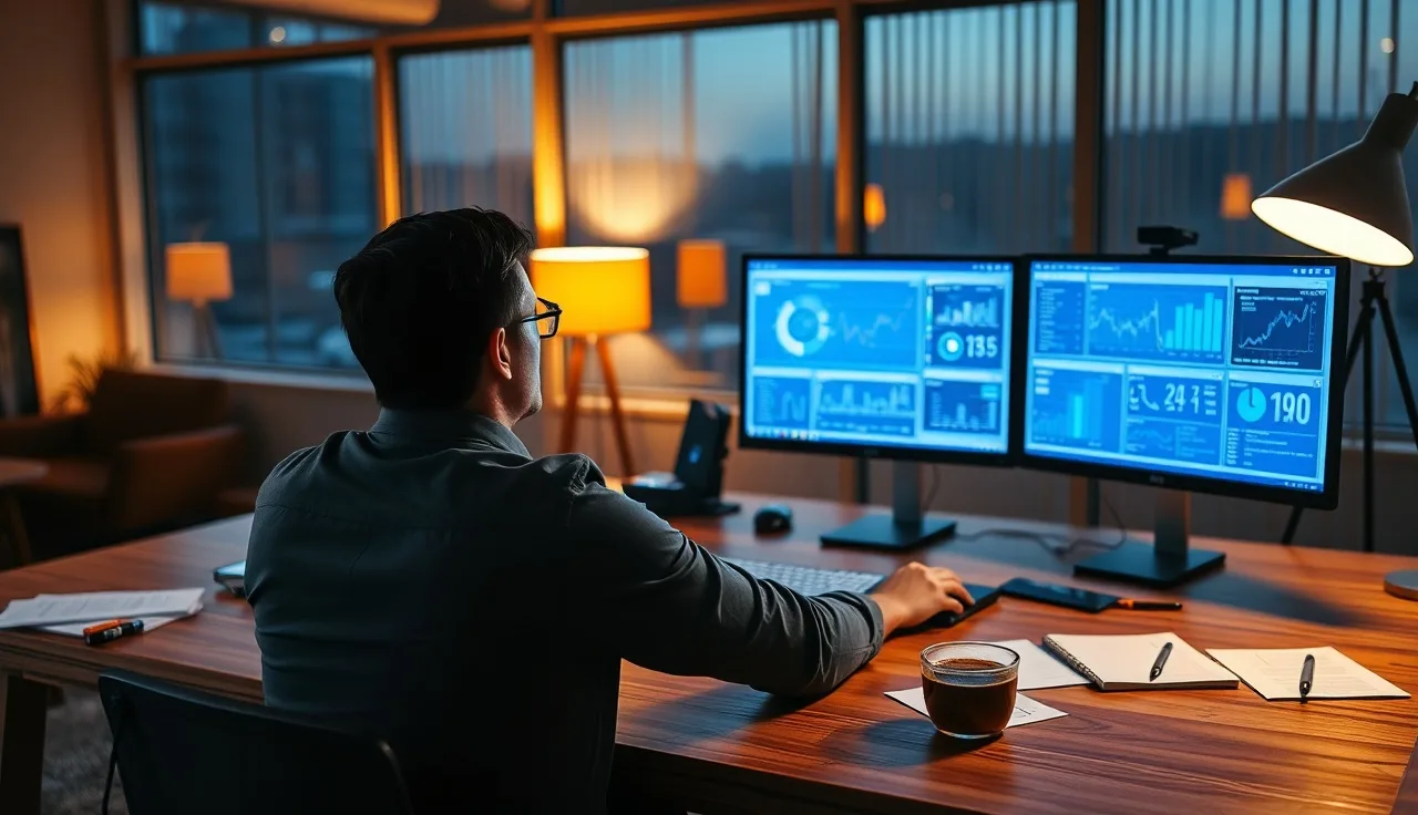 Marketing professional at desk reviewing AI search visibility data dashboards at dusk