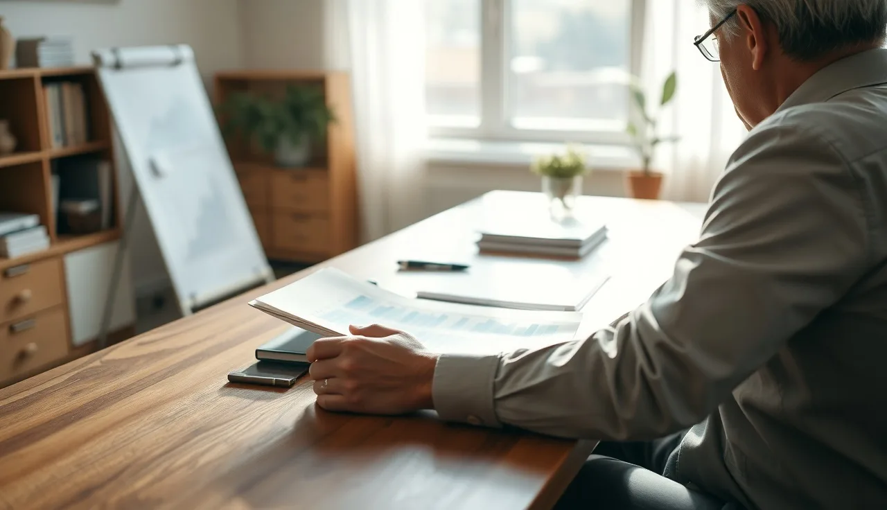 Marketing analyst reviewing brand citation rate charts at a wooden desk in morning light