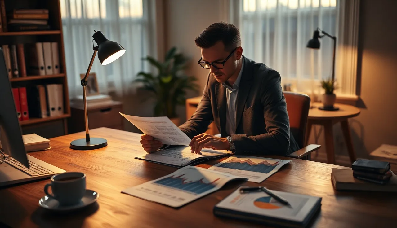 Marketing professional reviewing printed AI search query results at a desk at dusk