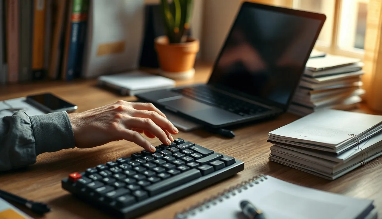 Developer at desk with laptop and notebooks working on schema markup configuration