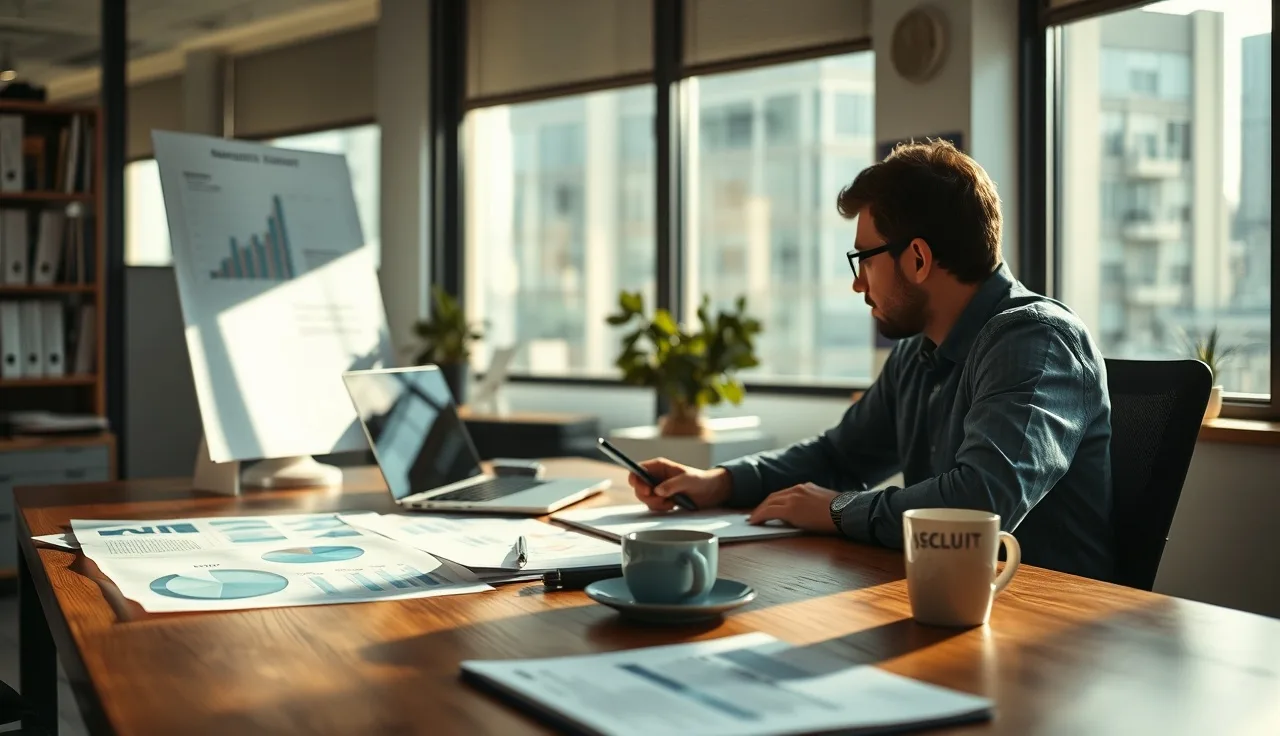 Marketer reviewing AI search optimization tool data at a desk with charts