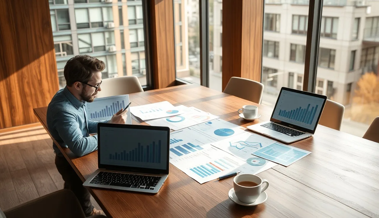 Marketing analyst reviewing AI search visibility reports on a conference table