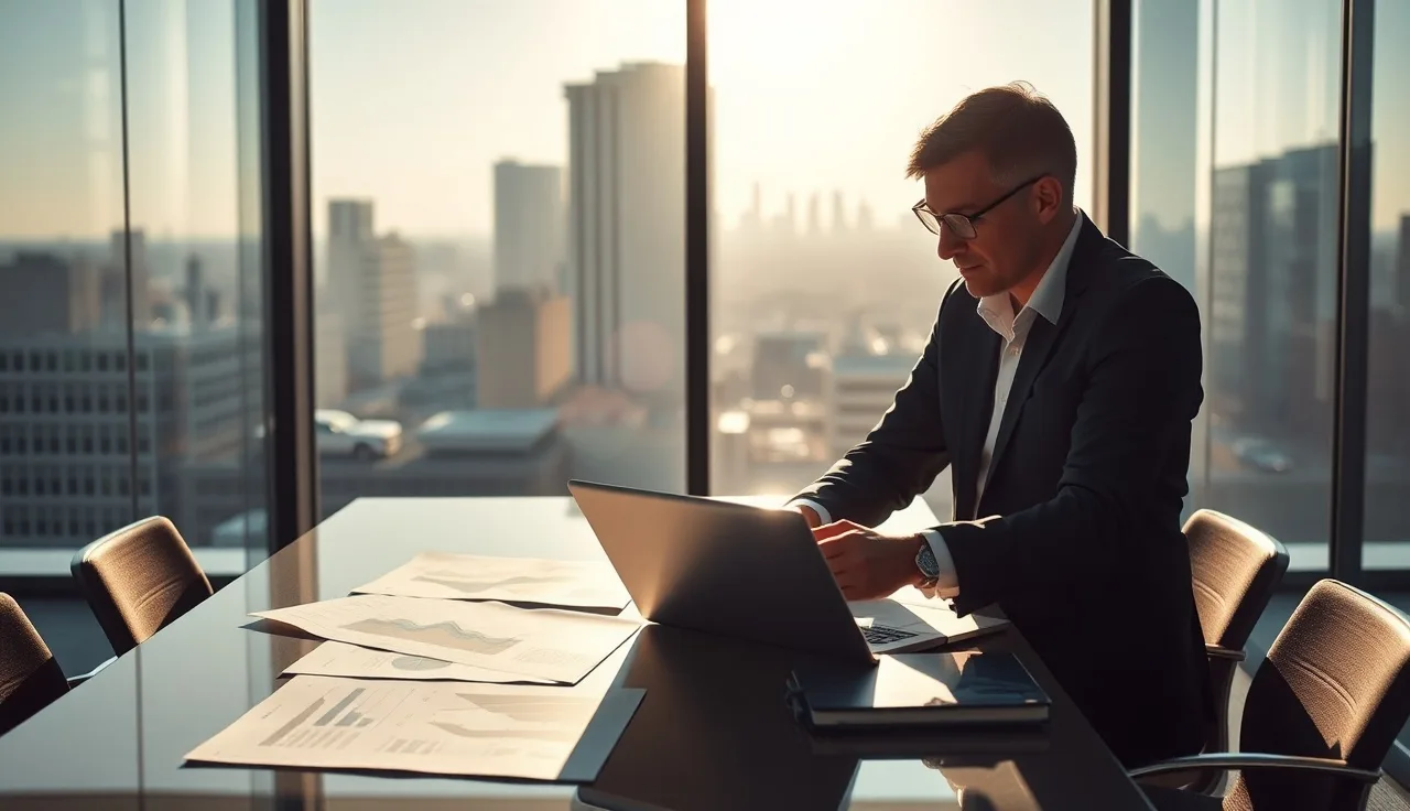 Two colleagues reviewing competitive data charts in a glass conference room