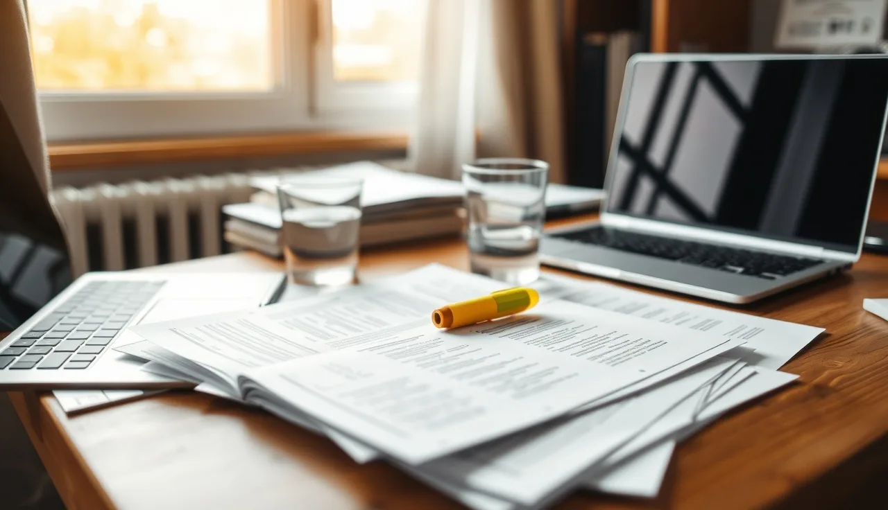 Researcher's desk with printed pages and highlighter suggesting content analysis work