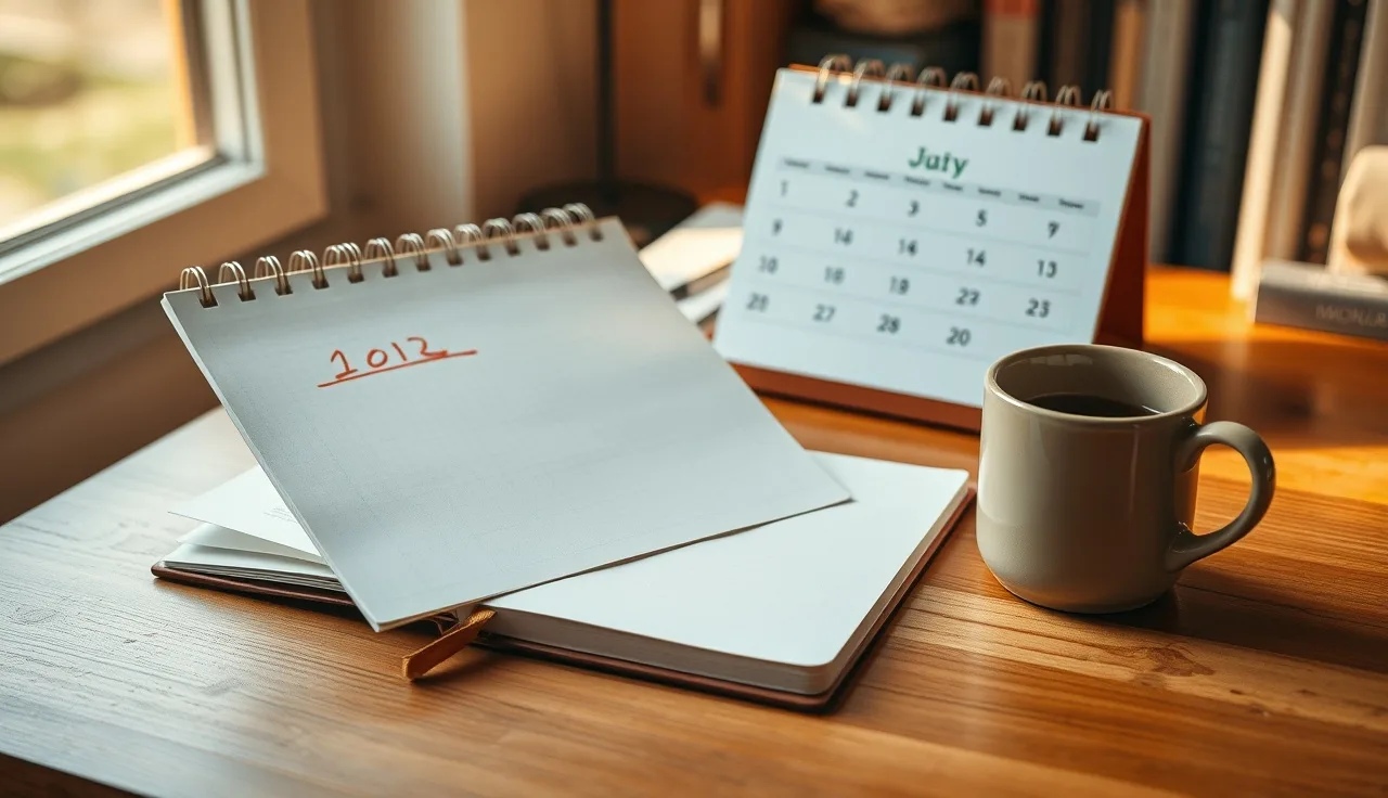 Wooden desk with notebook, coffee mug, and circled calendar date in morning light