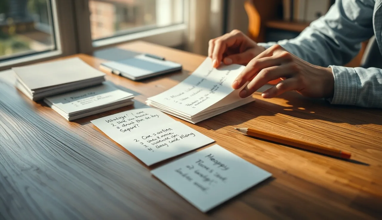 Hands organizing question cards on a desk for content gap analysis research