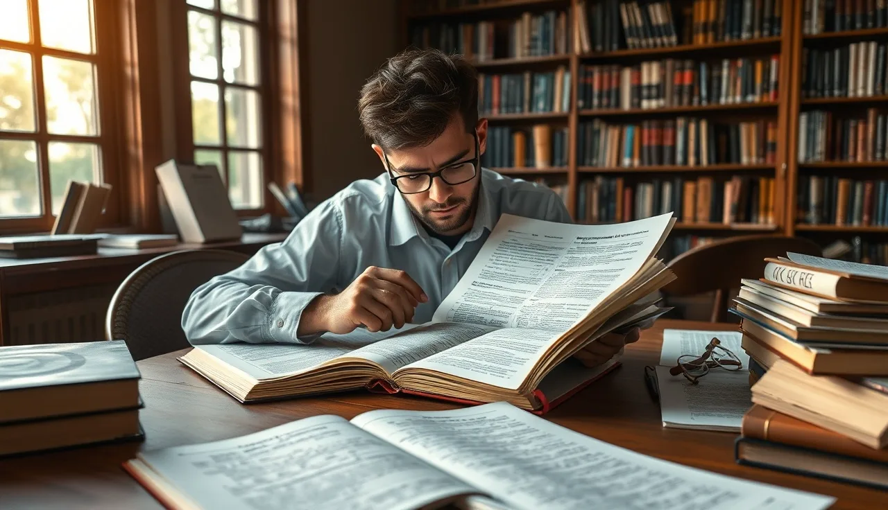 Researcher reviewing printed content documents at a wooden desk in afternoon light