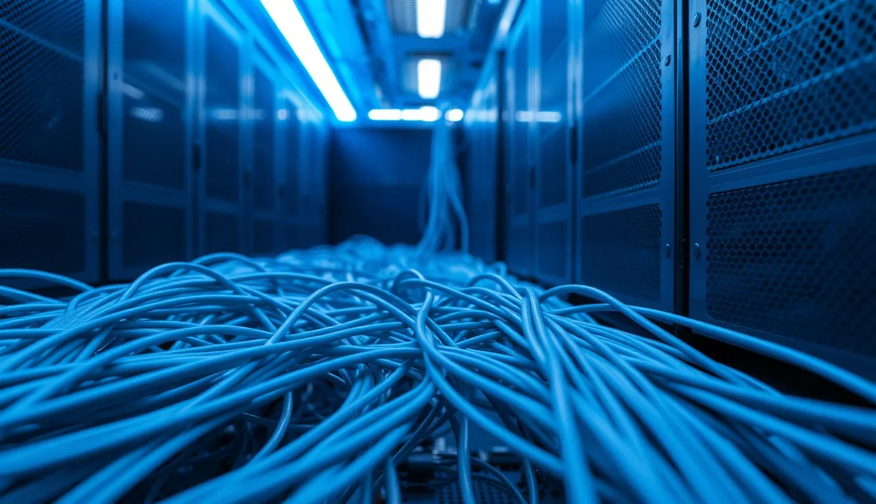 Fiber optic cables in a server room representing AI bot crawl pathways