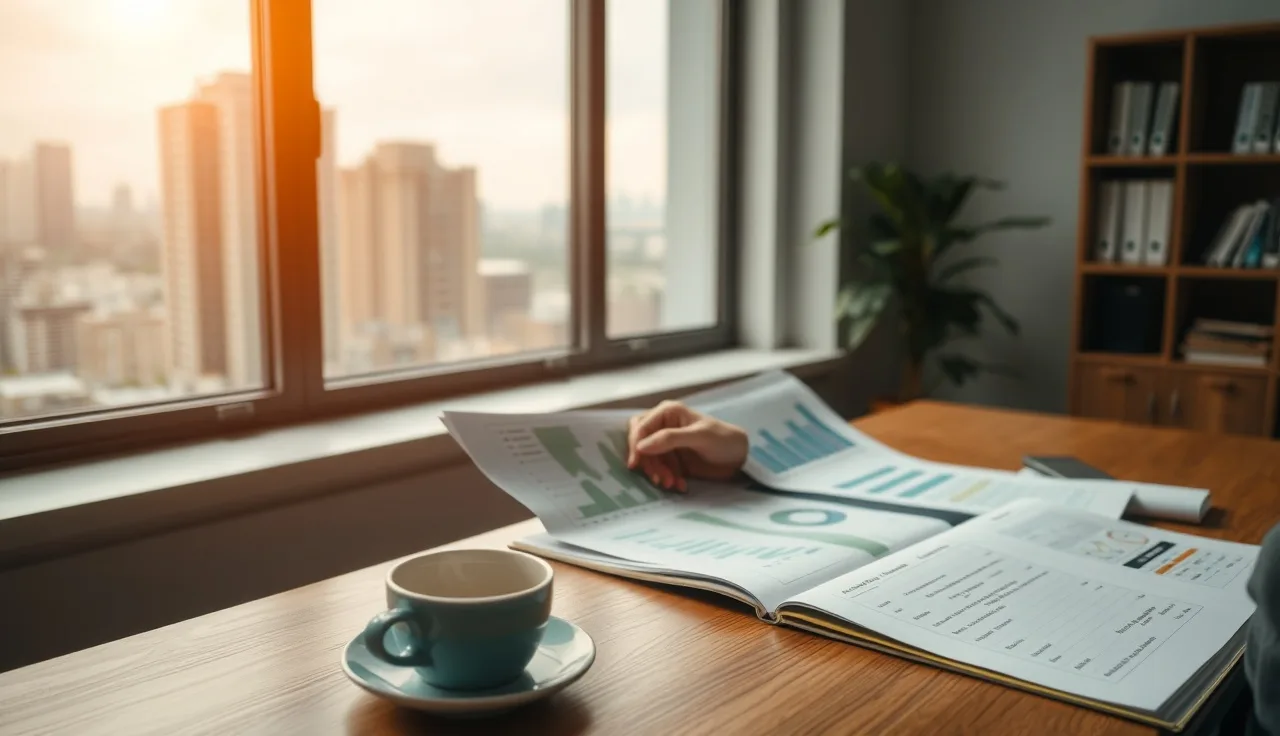 Marketing professional reviewing CRM AI search visibility charts at a desk