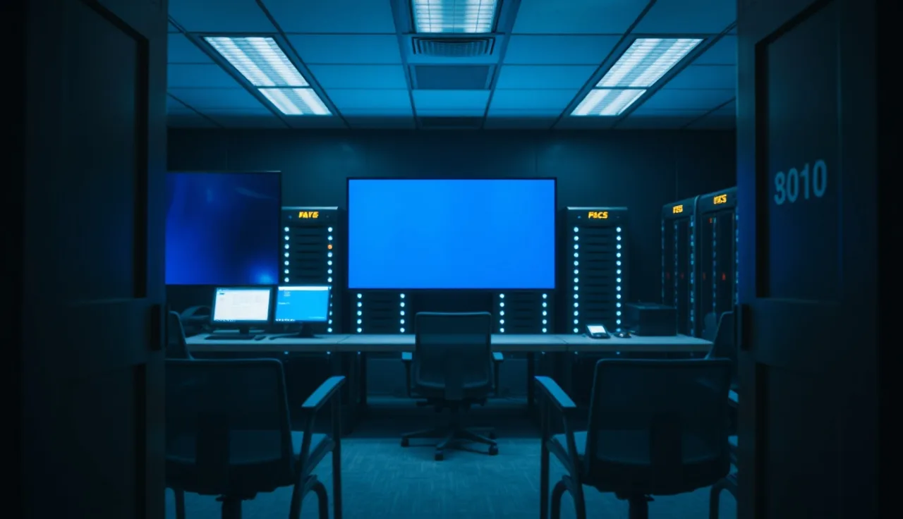 Empty cybersecurity operations center at night with glowing monitors and server rack lights