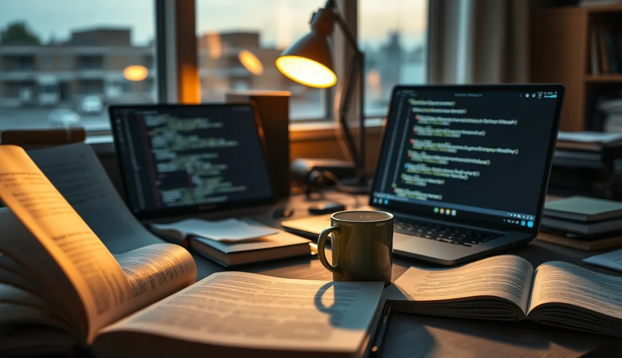 Developer desk at dusk with terminal window open and reference books, representing documentation work