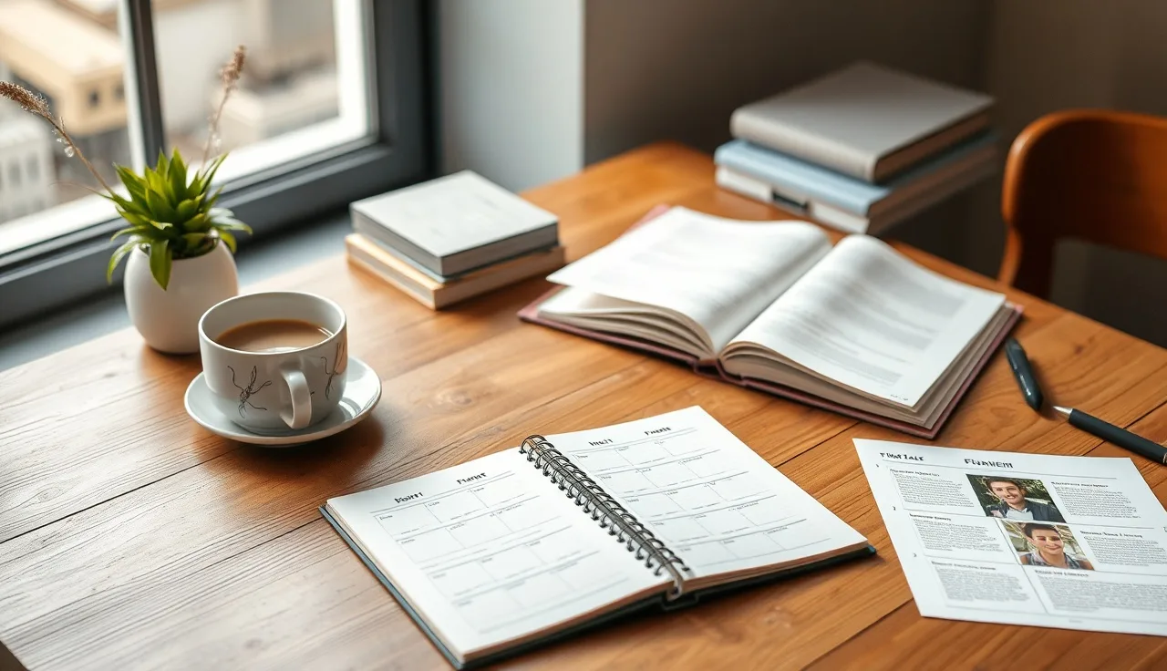Open editorial planner on a desk with coffee cup in morning light