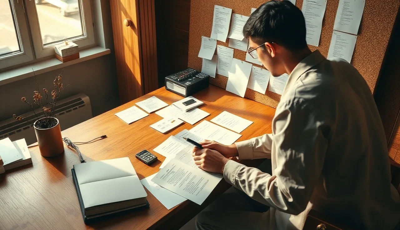 Researcher organizing interconnected documents on a corkboard representing entity authority mapping