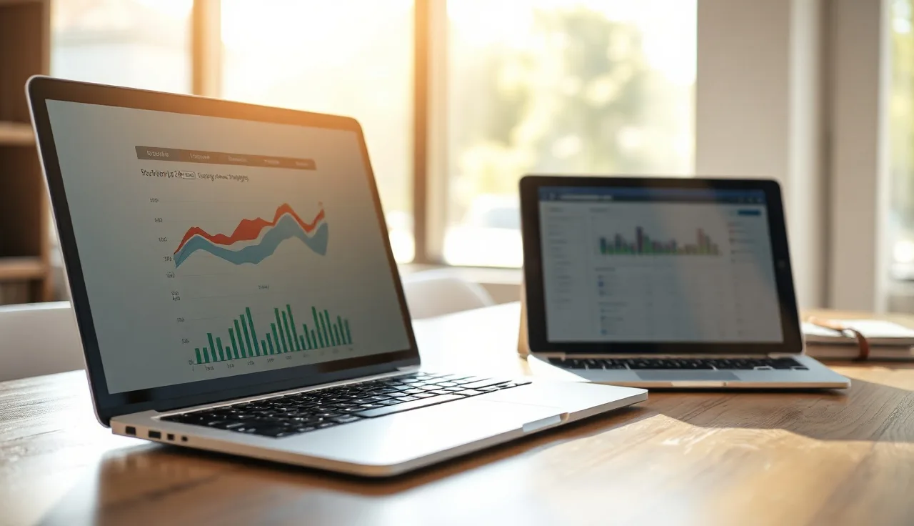 Laptop and tablet with review dashboard charts on a sunlit office desk