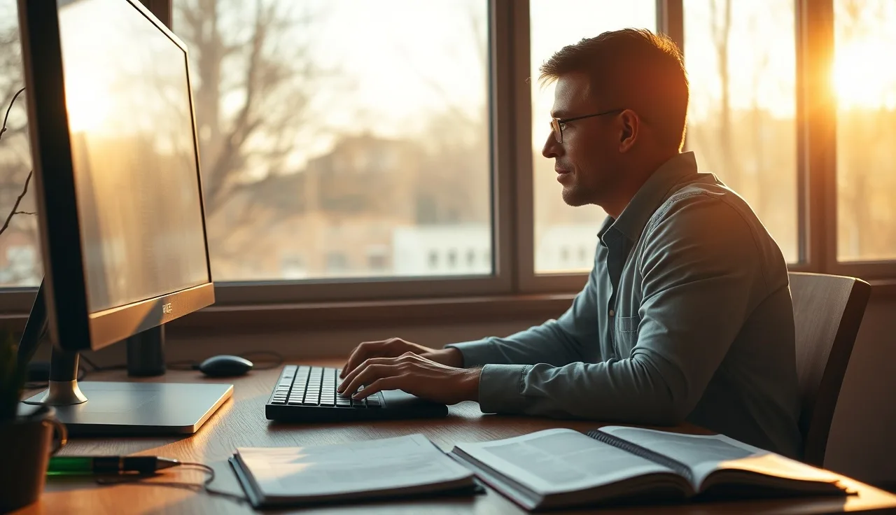 Person at a desk in morning light researching brand visibility in AI search