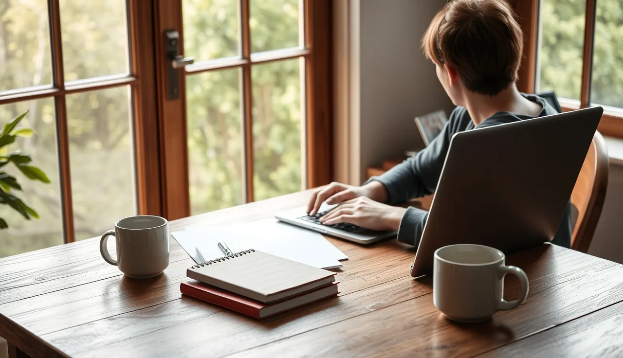 Person researching generative AI search optimization at a desk in morning light