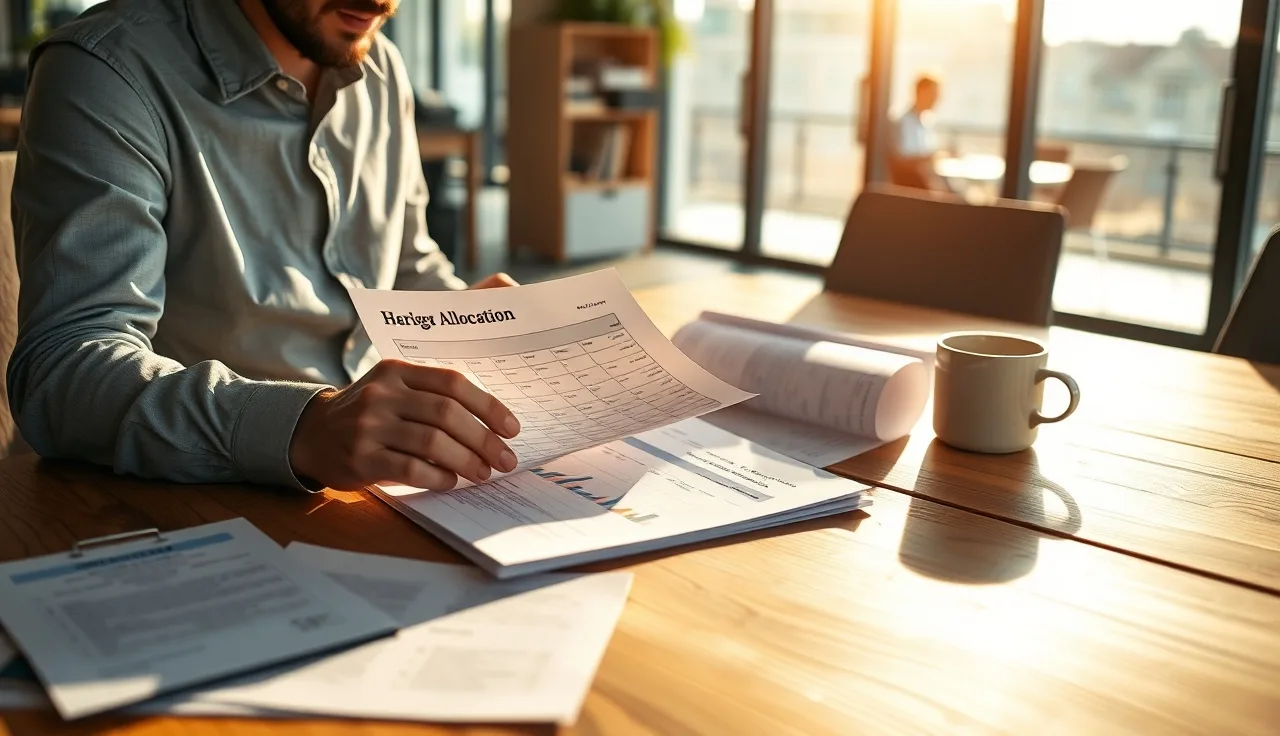 Marketing professional reviewing GEO budget allocation sheets on a sunlit conference table