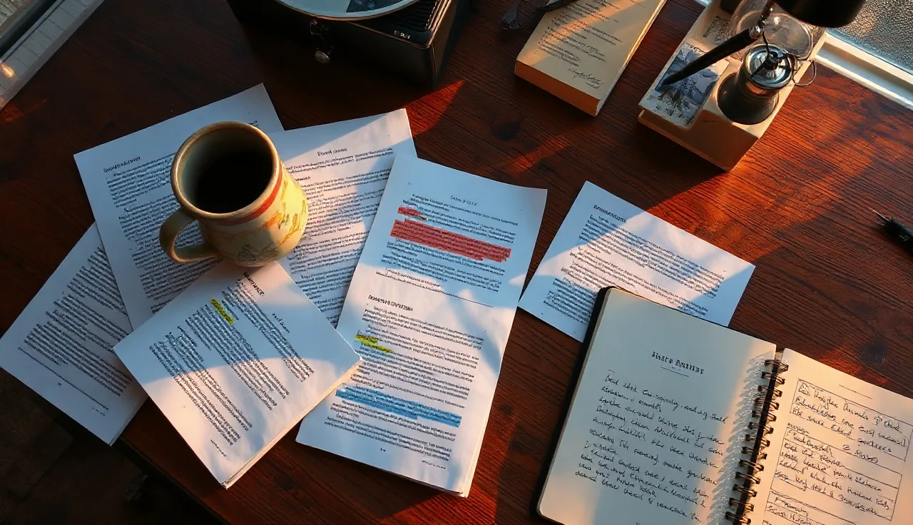 Researcher's desk with printed articles and handwritten content outlines for AI search optimization