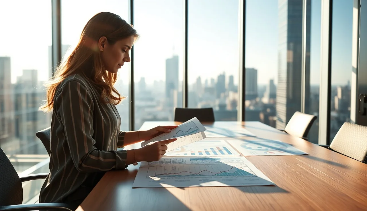 Woman reviewing research charts in a glass office, AI search strategy for B2B