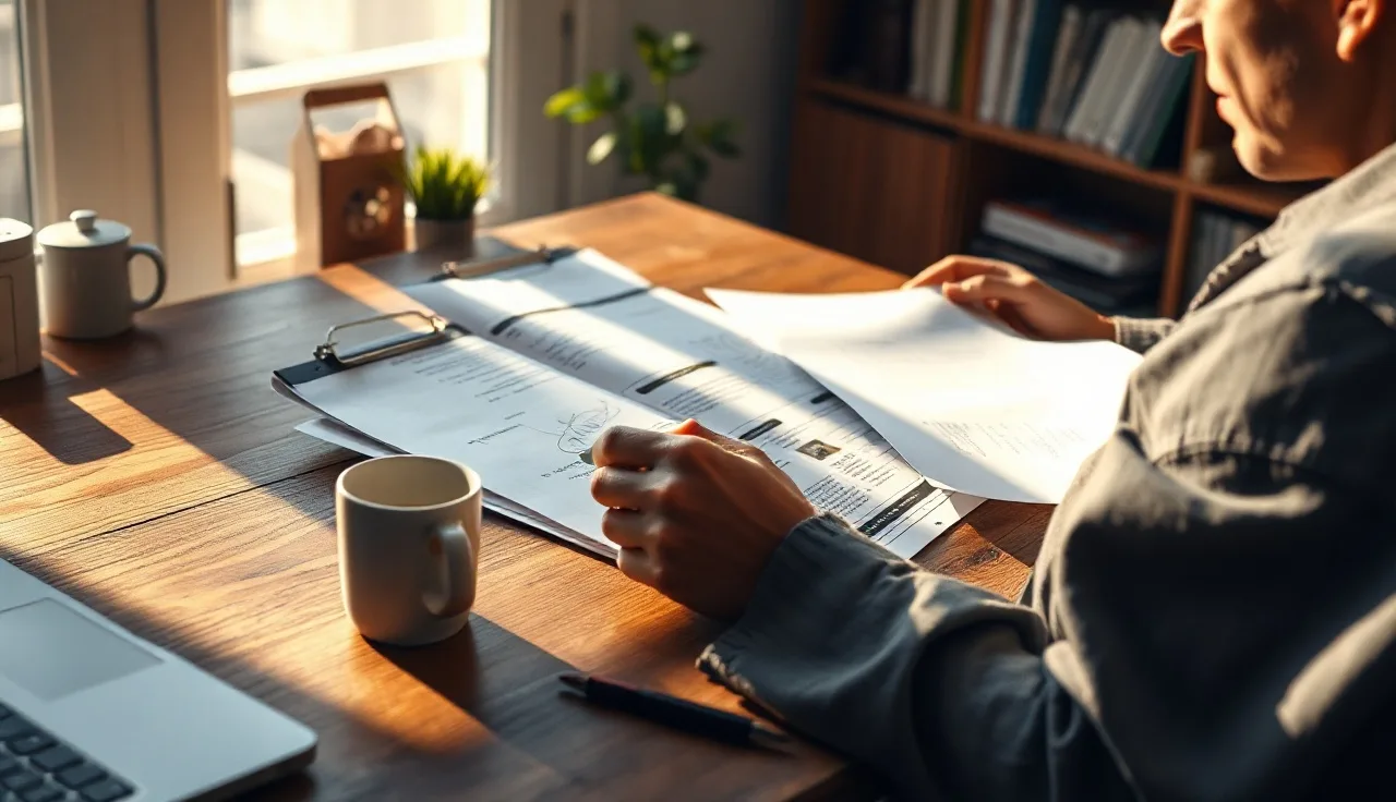 Person reviewing annotated documents at a sunlit desk, representing generative engine optimization research