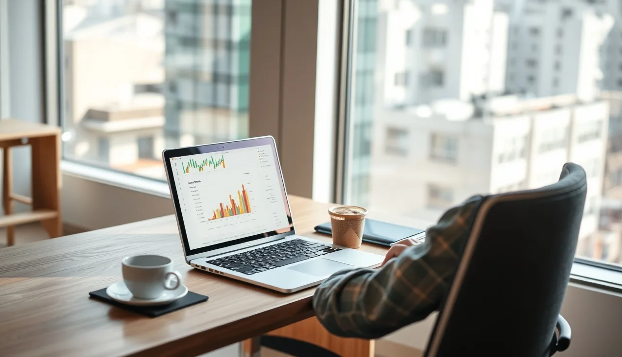 Person reviewing AI search visibility data on a laptop in a daylit office