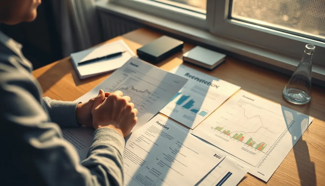 Researcher reviewing printed charts and papers about AI search statistics at a desk