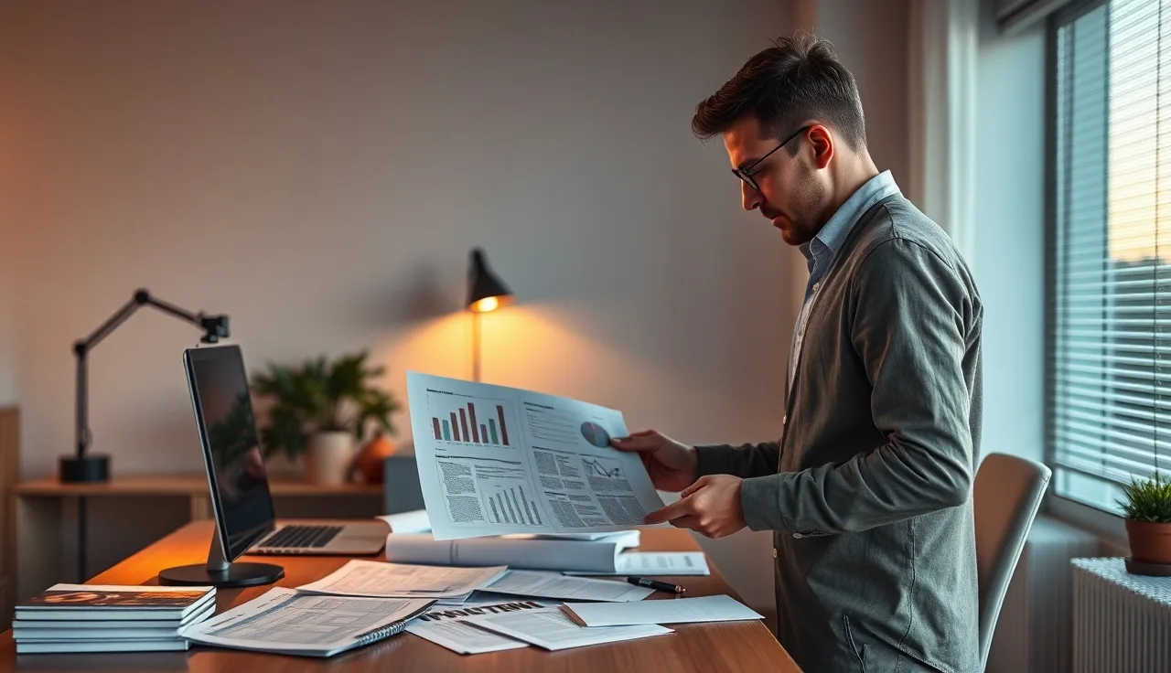 Marketing professional reviewing research notes for B2B SaaS AI search strategy at dusk