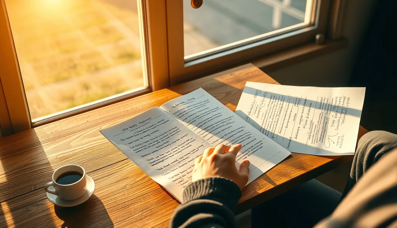 Person annotating printed research pages at a desk, morning light, generative engine optimization notes