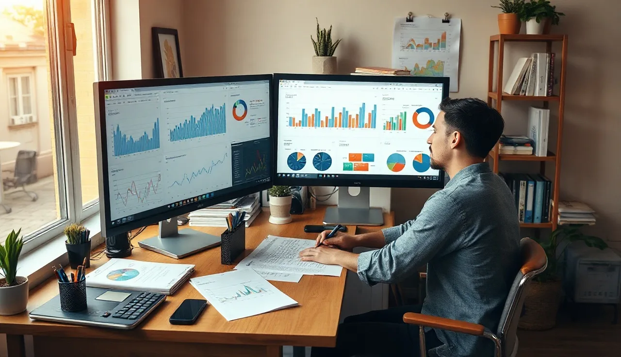 Person reviewing AI search visibility analytics at a bright home office desk