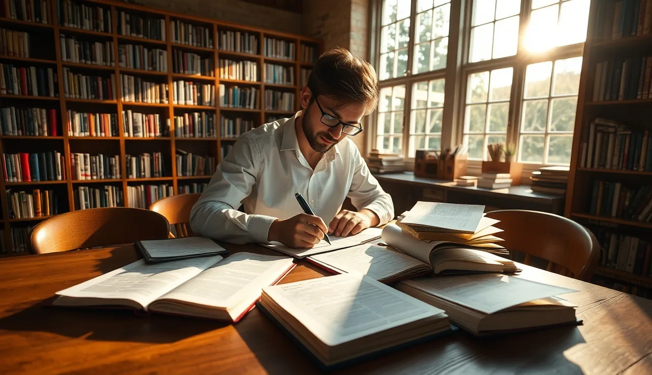 Researcher with notes and reference books studying generative engine optimization trends
