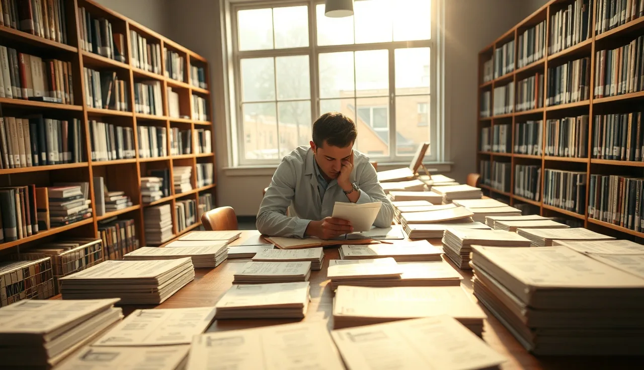 Researcher organizing printed documents on a desk in a library reading room
