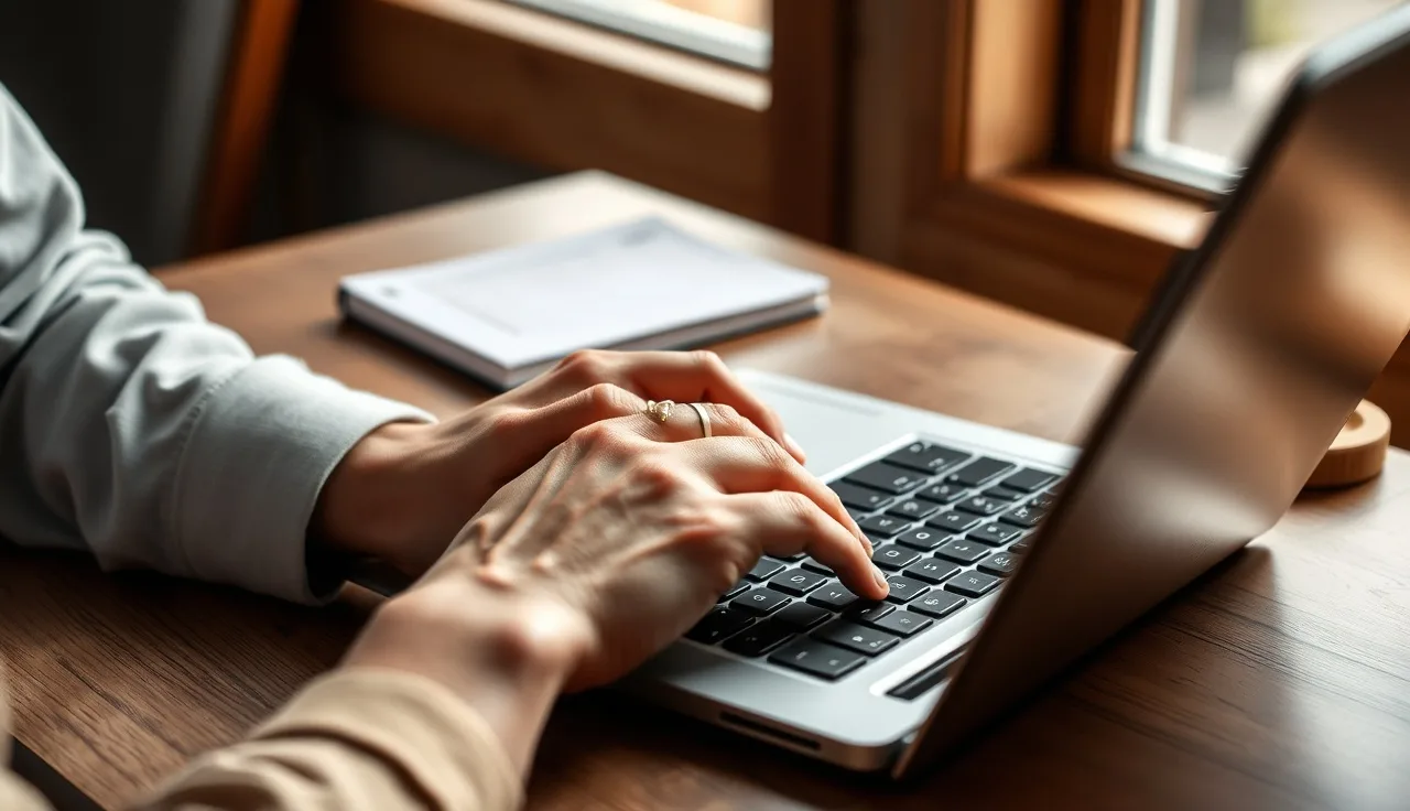 Hands on a laptop at a wooden desk with morning light, representing Google AI Overviews content optimization
