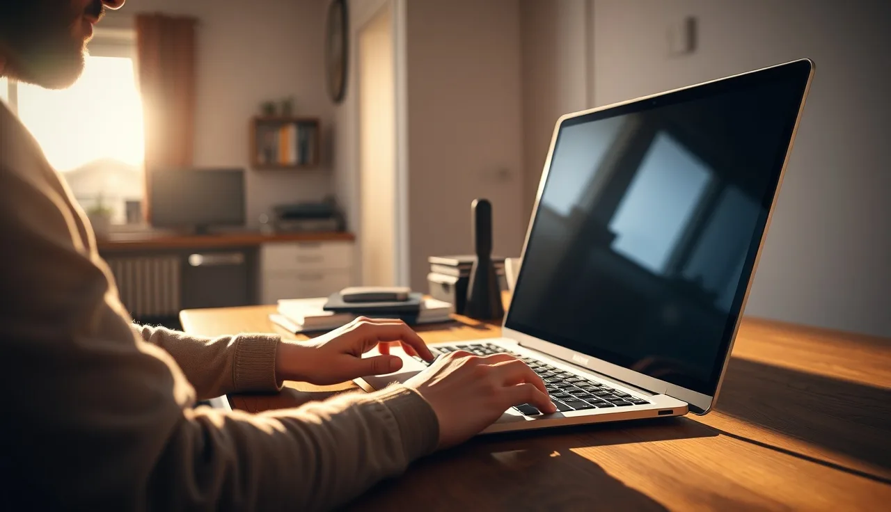 Person at a wooden desk using a laptop to search Google AI search results