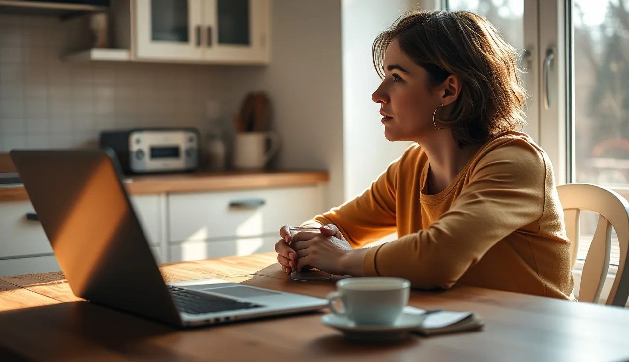Person at kitchen table with laptop, considering brand discovery choices in morning light