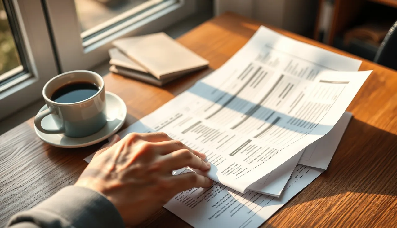 Hands sorting financial documents on a wooden desk in morning light
