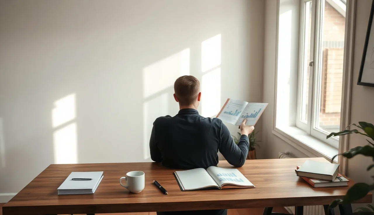 Person reviewing AI search performance graphs at a wooden desk in morning light