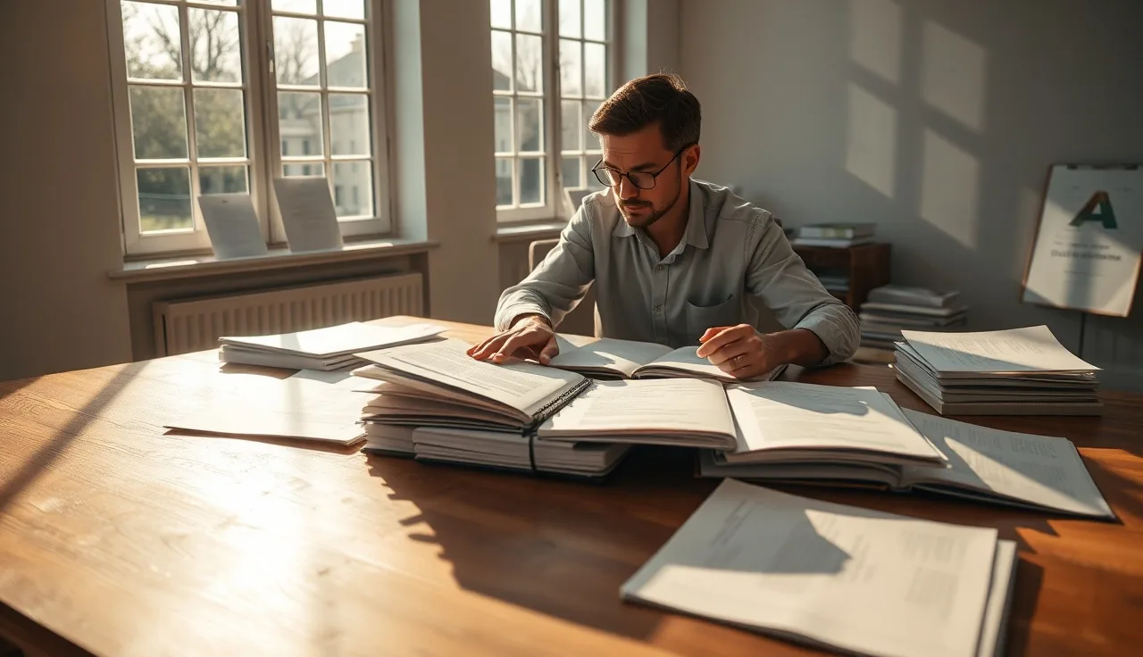 Researcher reviewing printed analyst reports at a wooden desk in morning light