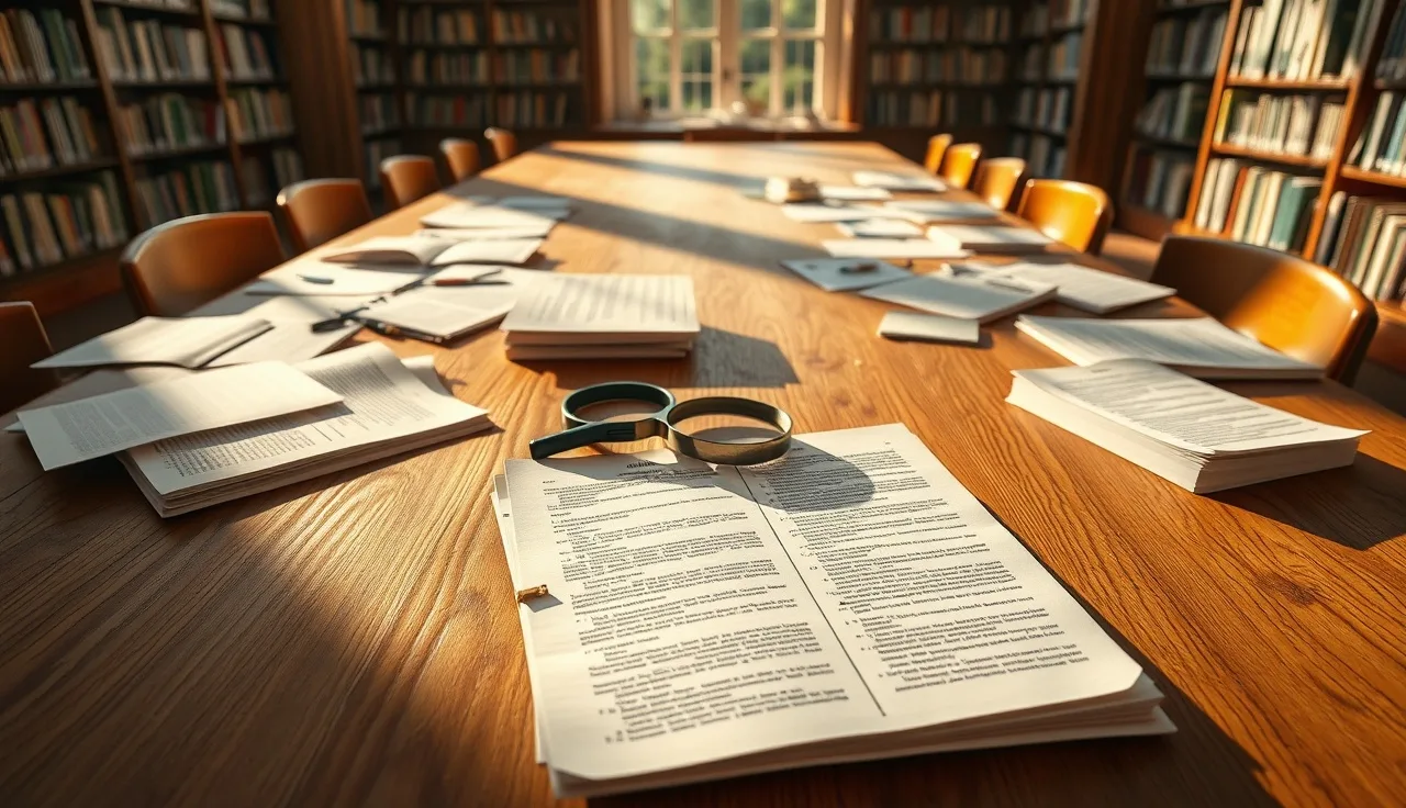 Research desk with printed pages and magnifying glass illustrating backlink authority analysis