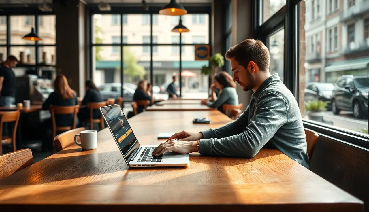 Person typing on a laptop in a sunlit coffee shop, community discussion visible on screen