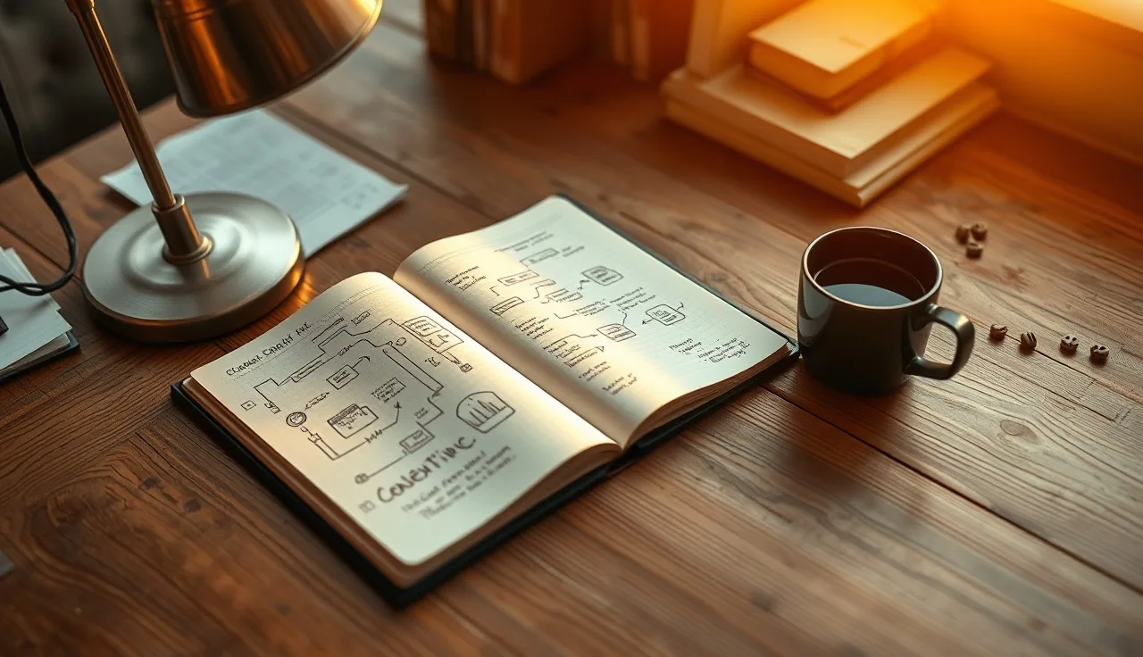 Wooden desk with handwritten notes and coffee cup illustrating structured definition writing