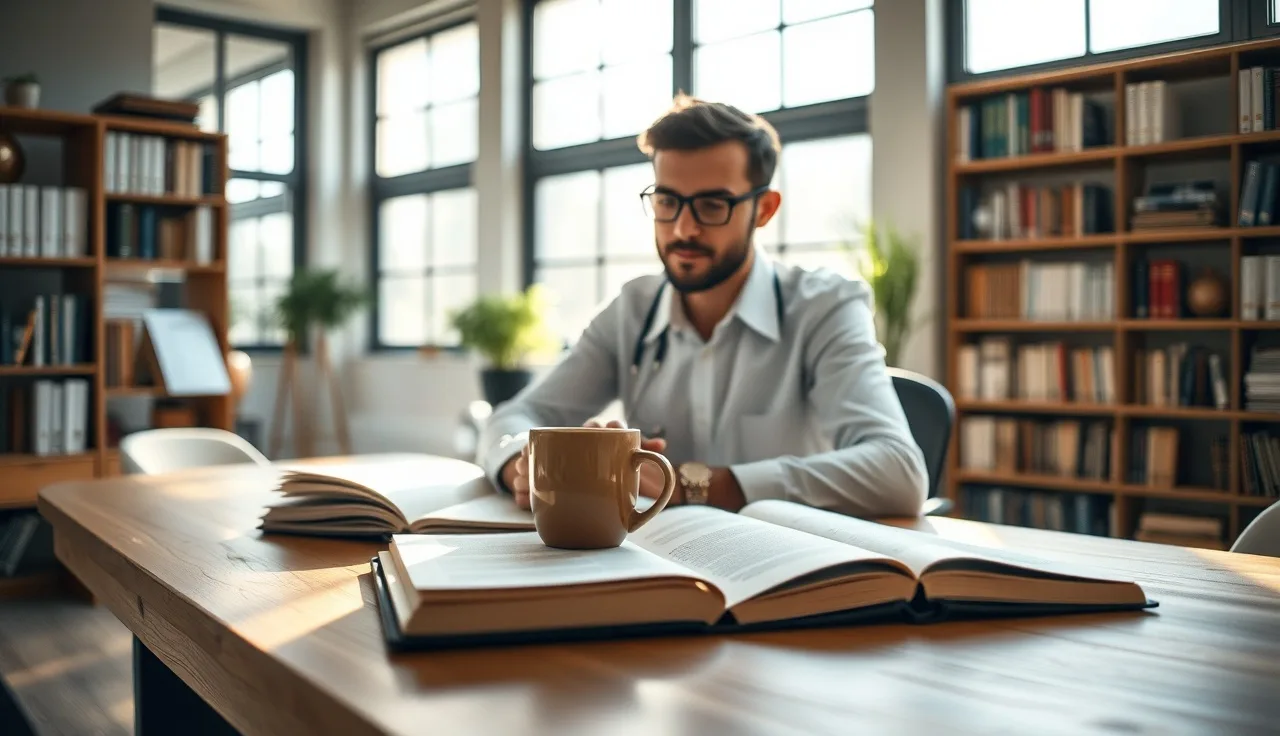 Researcher at desk with notebooks studying how answer engine optimization works