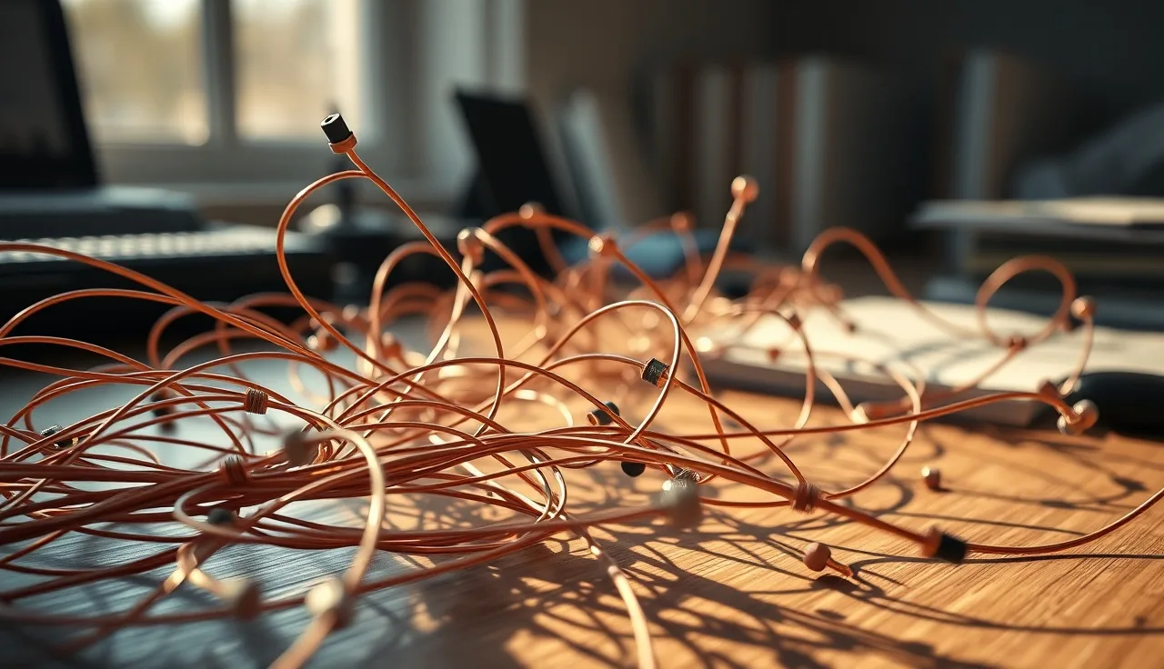 Copper wire network on wooden desk representing internal site link structure